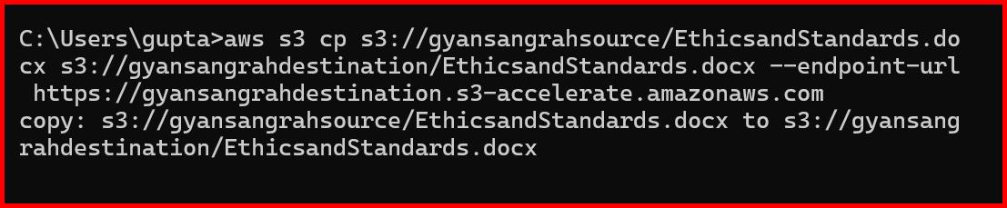 Picture showing the CLI command executed for transfering the objects from one bucket to another using the transfer accleration